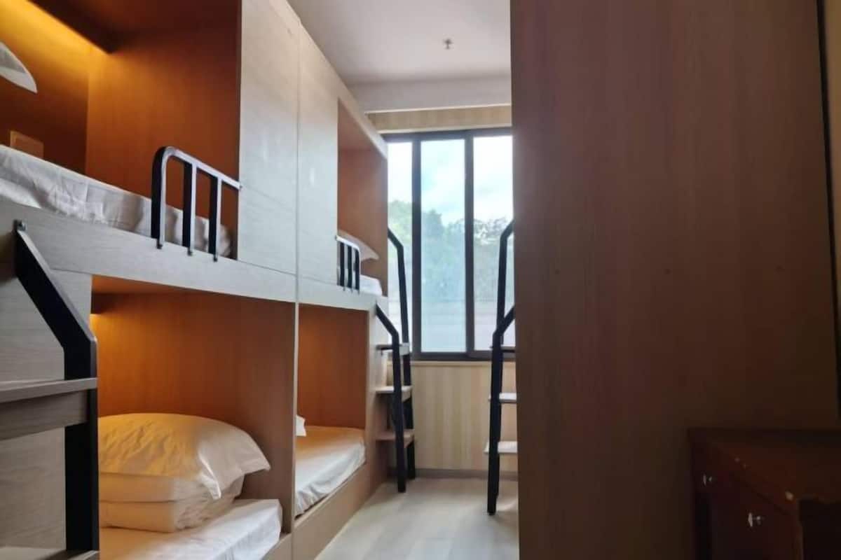 A room with bunk beds, a window, and a radiator.
