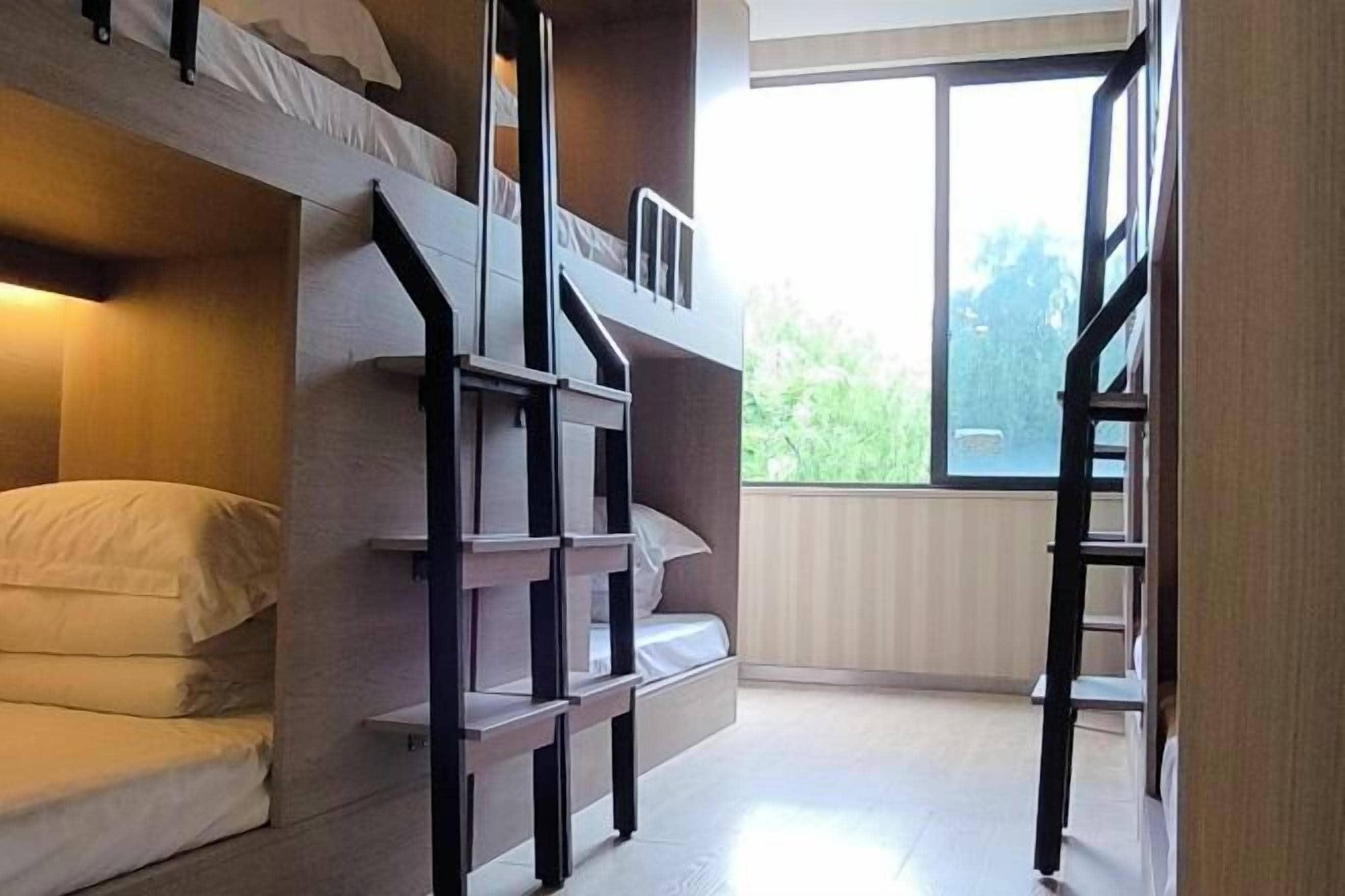 A bunk bed room with a window, a ladder, and a built-in shelf.