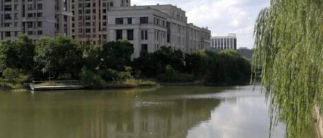 A calm river with buildings and trees in the background.