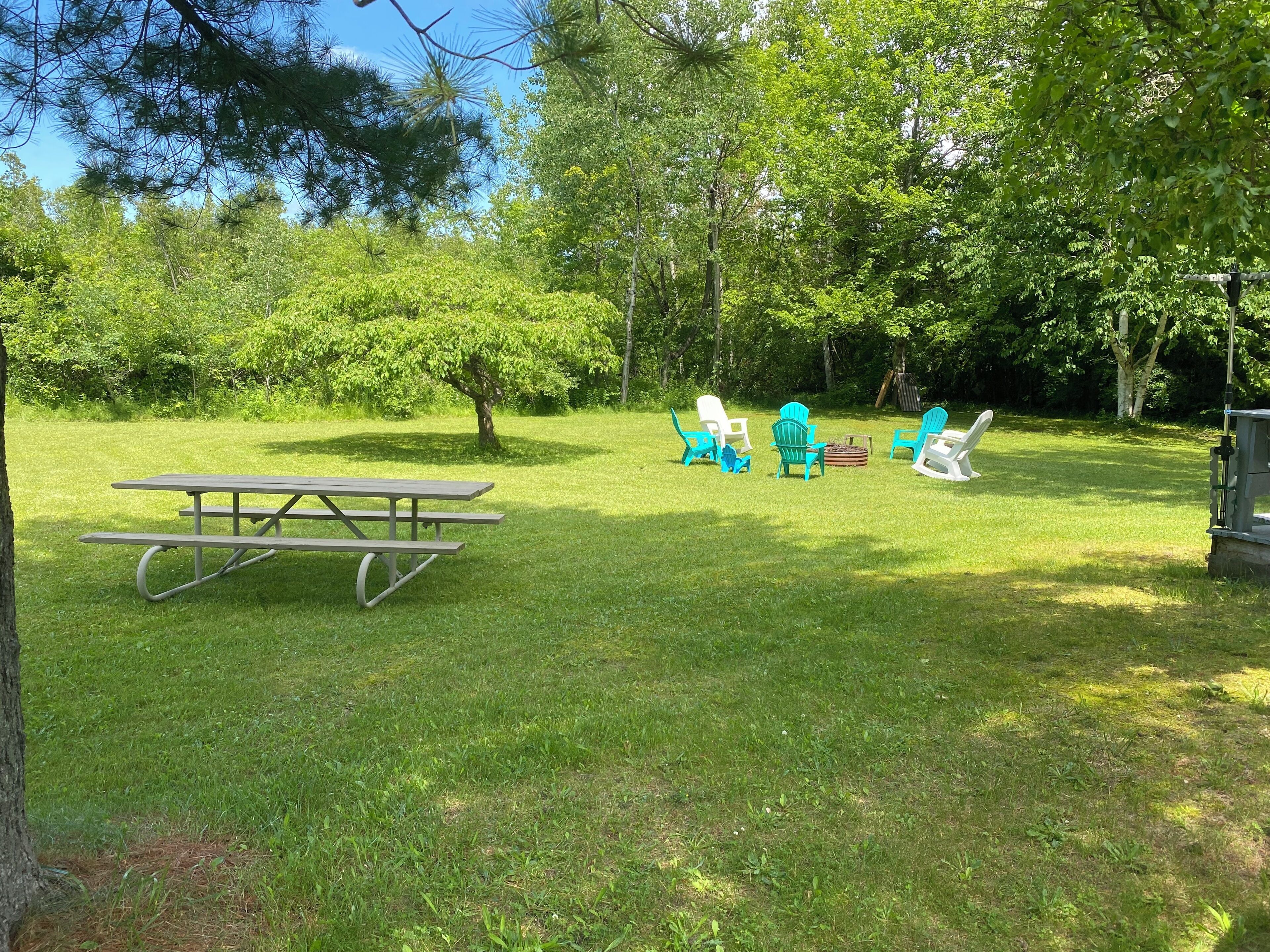 Un espacio para picnic con una mesa y sillas, rodeado de árboles y césped.