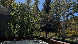 A hot tub surrounded by trees and a wooden deck.