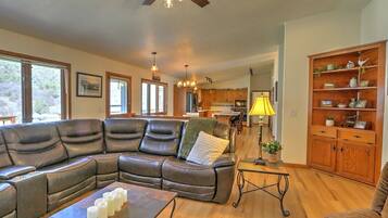 Smart TV, fireplace, books