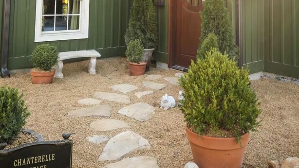 Una cabaña rústica con un sendero de piedra que lleva a una puerta de madera, rodeada de plantas en macetas y un banco.