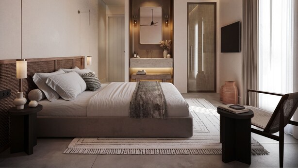 A modern bedroom with a bed, bedside tables, a ceiling fan, a TV, and a bathroom with a shower.