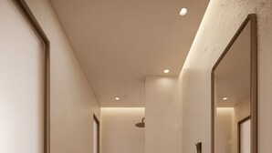 A modern bathroom with a large sink, a shower, and a mirror.