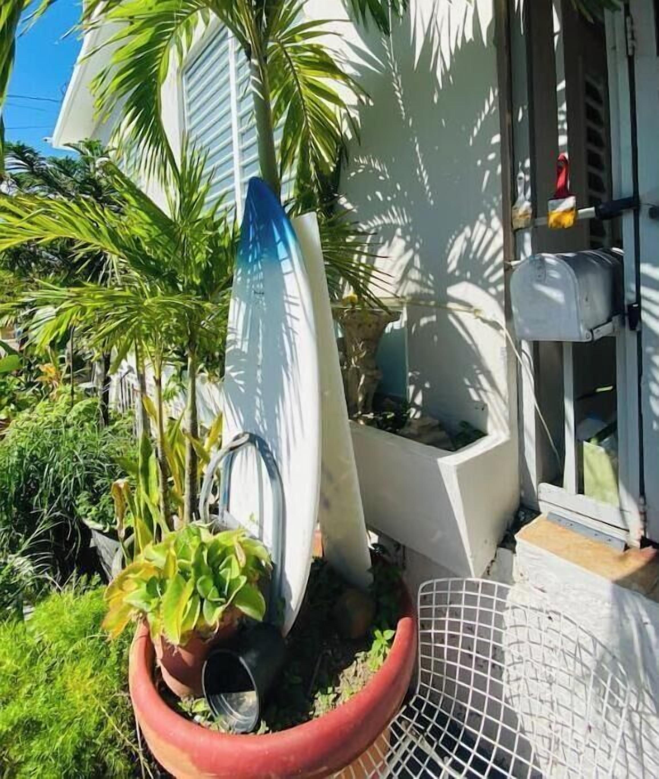 Ein Haus mit weißer Fassade, ein Surfbrett, das an der Wand lehnt, und ein Blumentopf im Vordergrund.