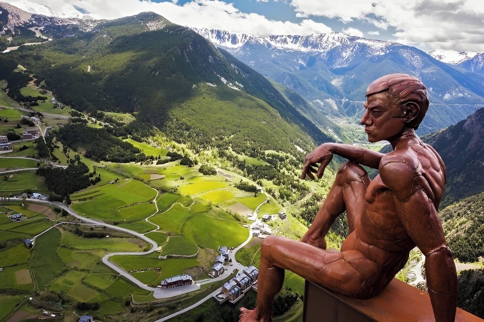 Una escultura de un hombre sentado que domina un valle con casas y carreteras.
