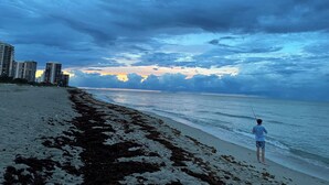 Una playa con una persona pescando, algas en la arena y edificios al fondo.