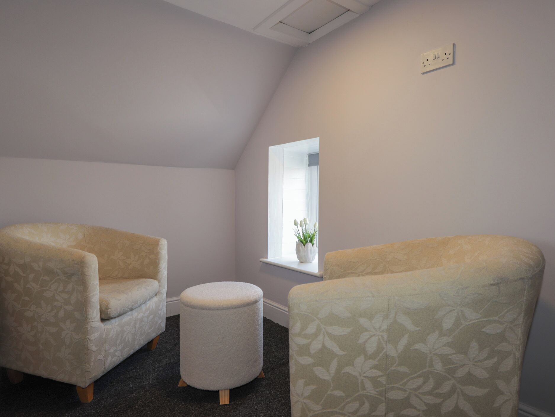 Una habitación con dos sillones, un pequeño otoman, una ventana con una planta y un enchufe en la pared.