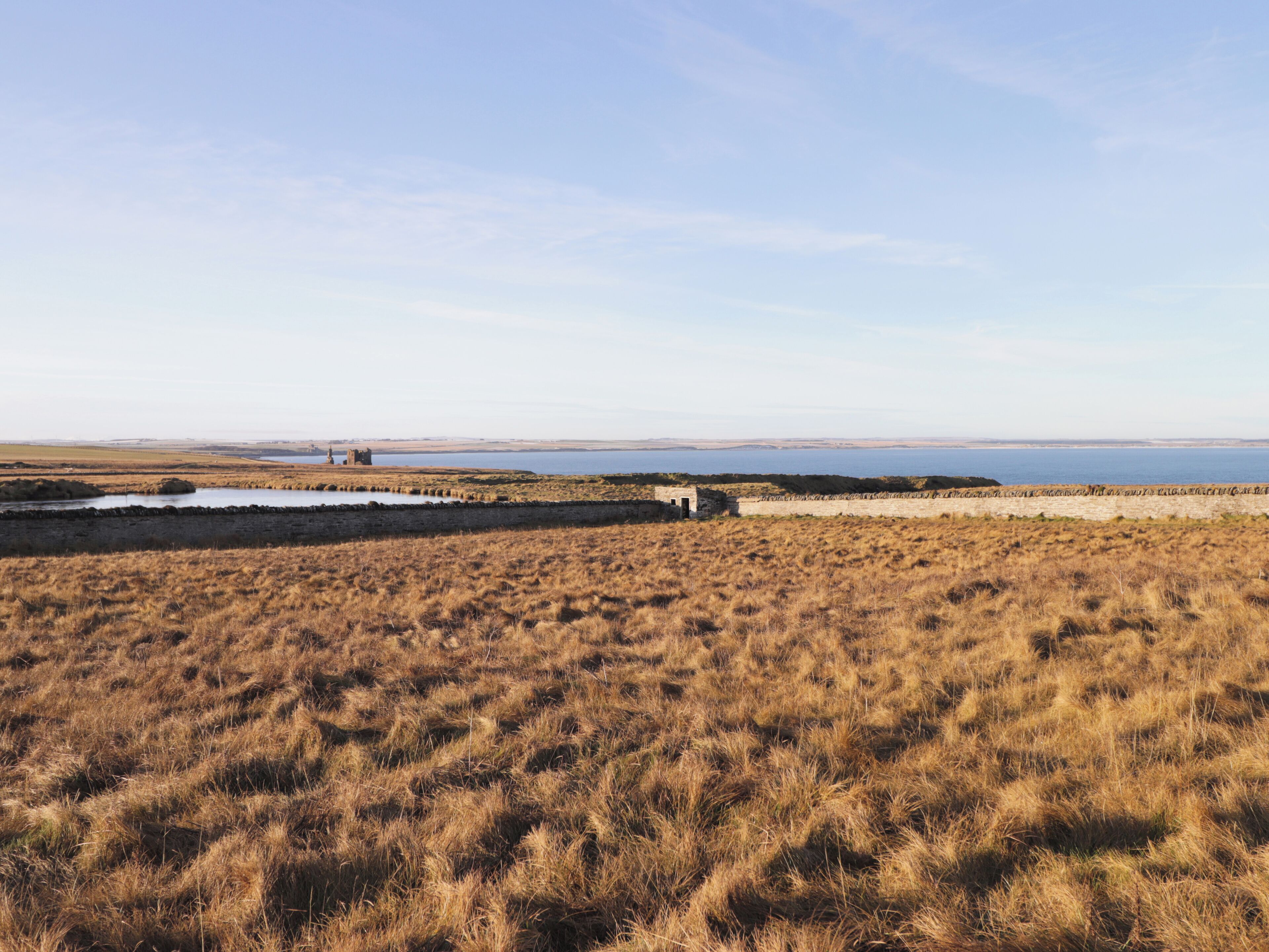 A coastal landscape with dry grass, a small body of water, and a distant shoreline.