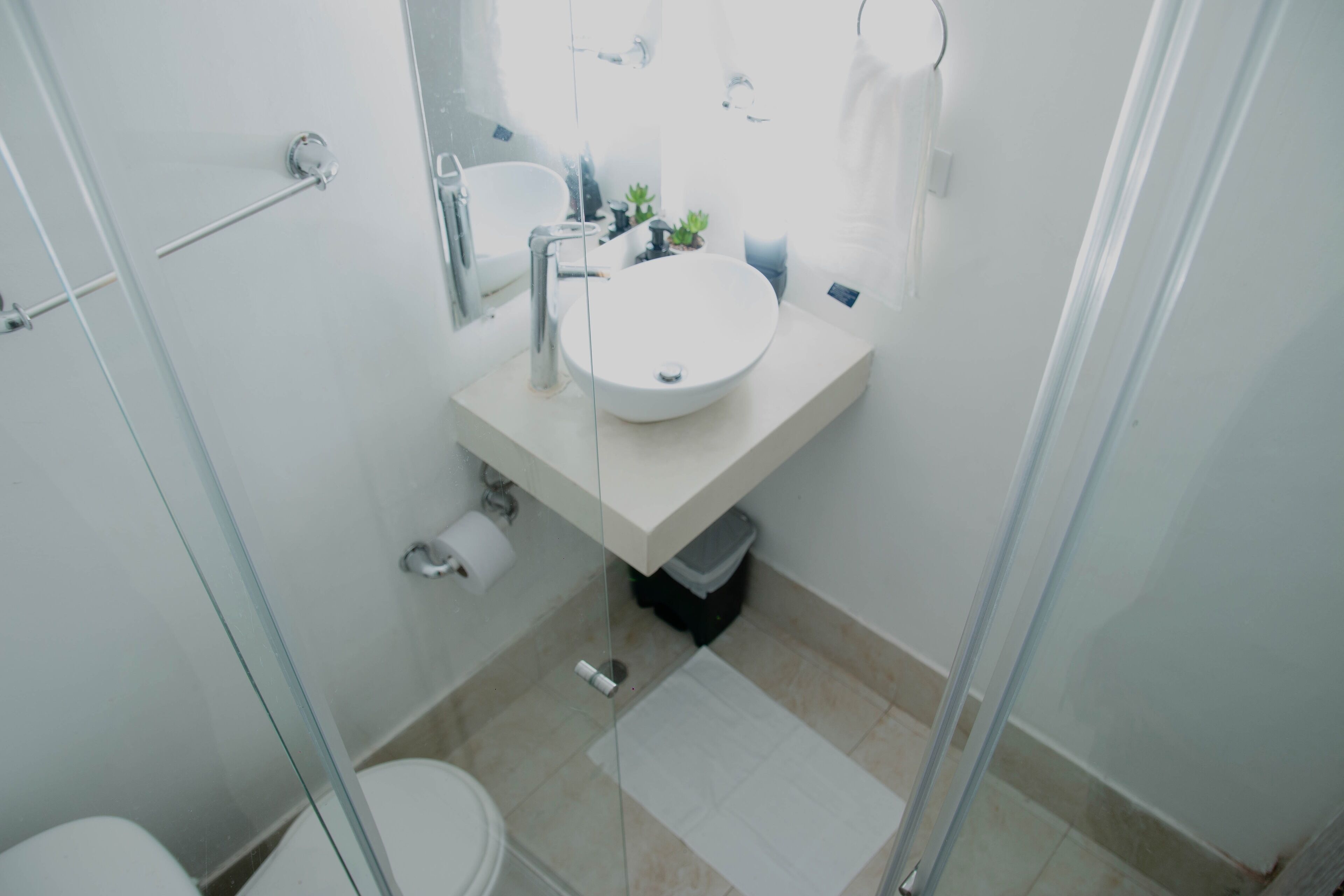 Un baño moderno con cabina de ducha de vidrio, un lavabo blanco y un inodoro.