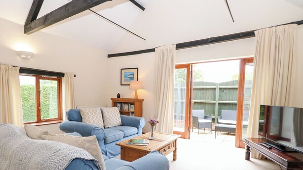 A living room with a blue sofa, a wooden coffee table, a television on a wooden stand, and a bookshelf. There is a large window with curtains, and a sliding glass door leading to an outdoor area. - Willow (Dereham)