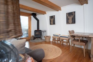Smart TV, fireplace, books