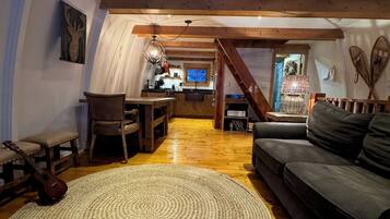 TV connectée, cheminée, livres