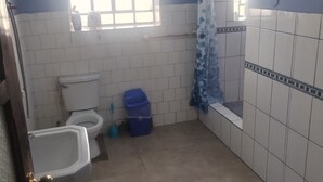 A bathroom with a toilet, bidet, and sink. There is a window with a curtain, a blue trash bin, and a patterned rug on the floor. - Room 5 (Huancayo)