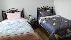 A bedroom with two single beds, each with a headboard and footboard, a bedside table with a lamp, and a ceiling light fixture. - Room 5 (Huancayo)