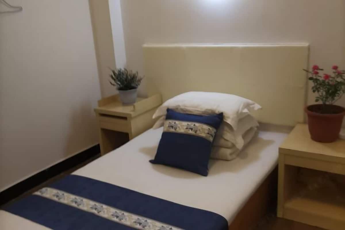Un dormitorio pequeño y ordenado con una cama individual, una mesita de noche y una planta en maceta.