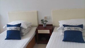 Two single beds with white bedding and blue pillows, a small wooden nightstand with a potted plant, and a white wall with a power outlet.