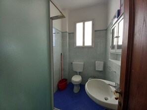 Een douche, een bidet, handdoeken