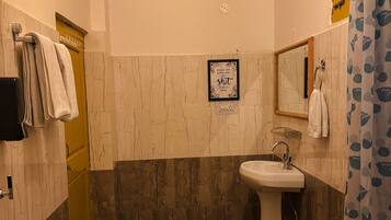 Shower, towels, soap, toilet paper