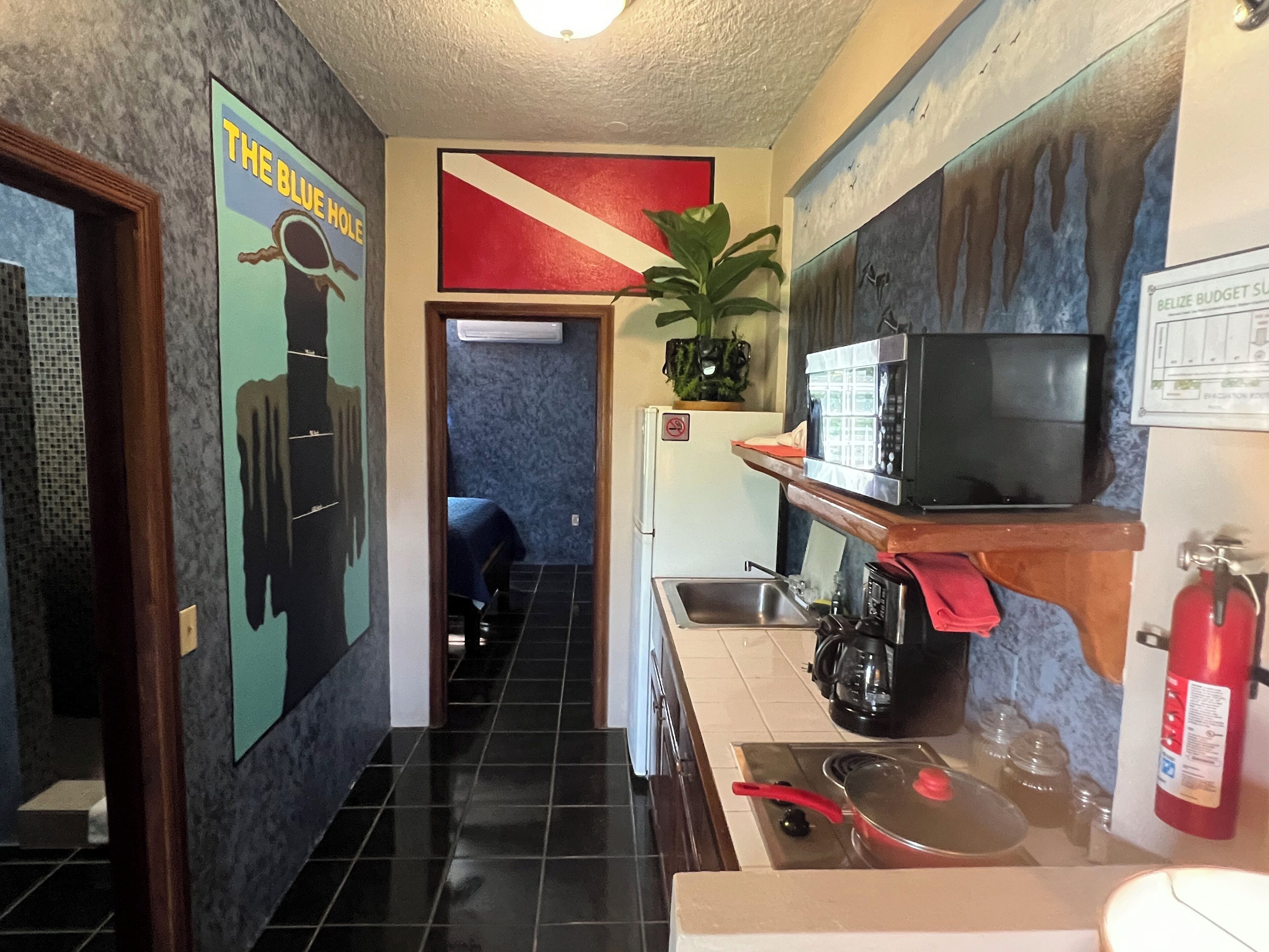 Køleskab, mikrobølgeovn, kogeplade, kaffe-/temaskine