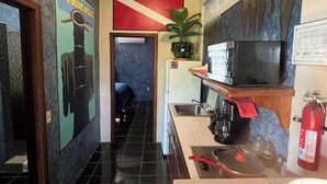 A kitchen with a microwave, stove, sink, and a fire extinguisher. There is a plant on the counter and a door leading to another room. - DIVING ROOM - Close to Beach - One Bedroom Suite (San Pedro)
