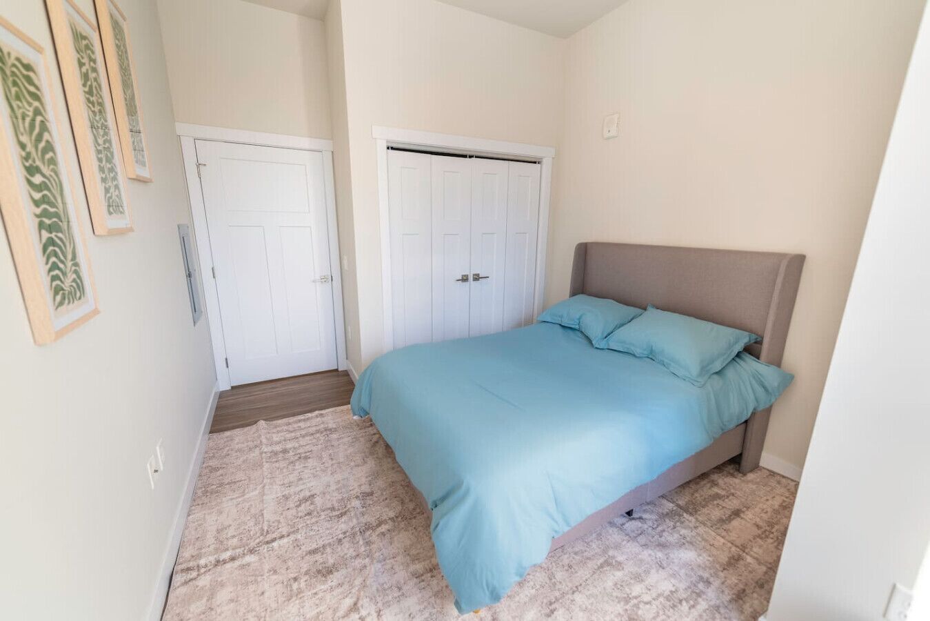 A bedroom with a bed, two doors, and a carpeted floor.