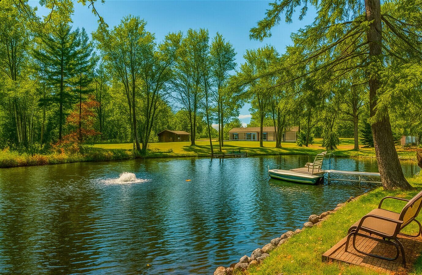 A serene lakeside setting with a dock, a boat, and a bench by the water.