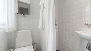 A bathroom with a toilet, a sink, and a shower area.