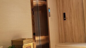 A modern elevator with a metallic interior and a wooden wall adjacent to it.