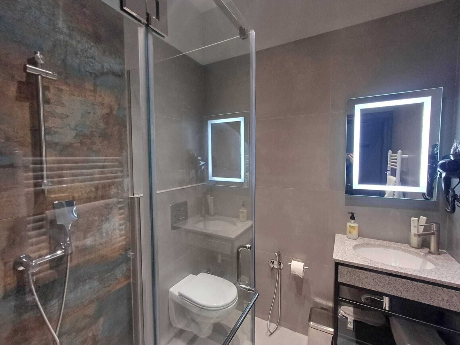 A modern bathroom with a glass-enclosed shower, a toilet, and a vanity with a mirror.