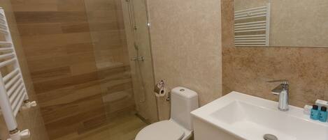 A modern bathroom with a glass shower enclosure, a white toilet, and a sink with toiletries.