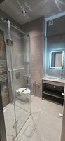 Un baño moderno con ducha de vidrio, tocador con espejo y un inodoro.