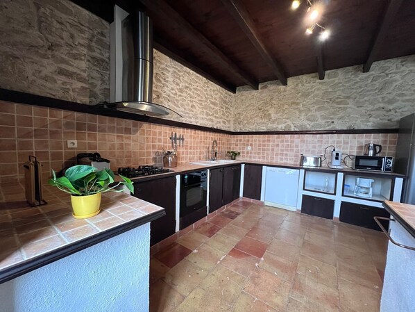 Una cocina con pared de piedra, estufa a gas, fregadero y microondas.