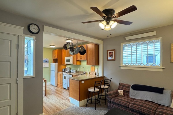 Living room, looking into the kitchen