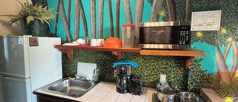 Réfrigérateur, micro-ondes, plaque de cuisson, cafetière/bouilloire