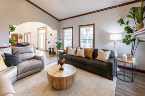 TV, fireplace, foosball, books