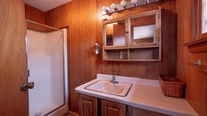 Shower, hair dryer, towels, toilet paper