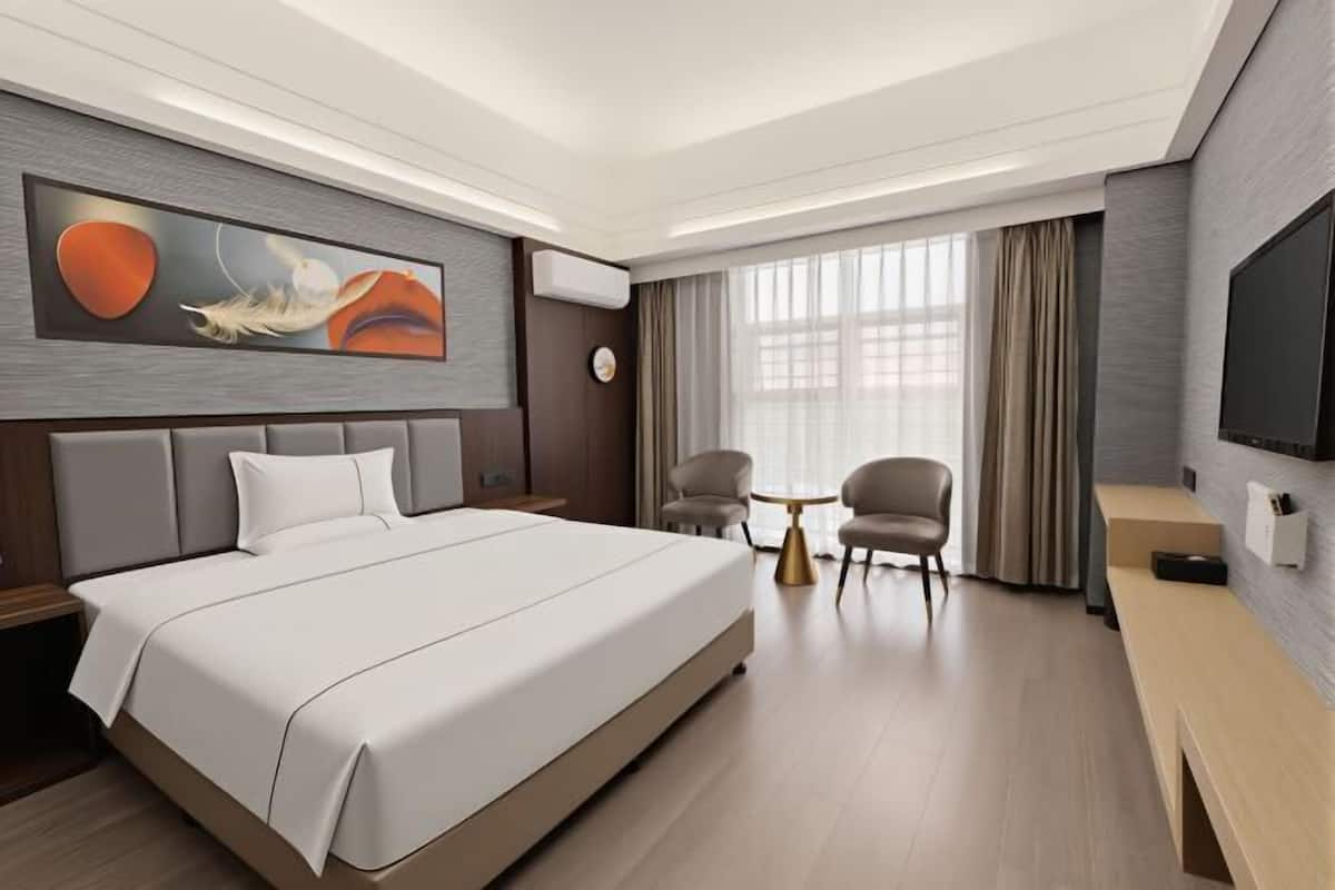 Habitación de hotel con una cama grande, un escritorio, una silla, un televisor y un cuadro en la pared.