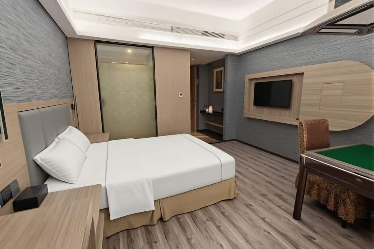 Una habitación de hotel con cama, escritorio, televisión y mesa de billar.