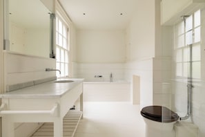 Shower, hair dryer, towels, toilet paper