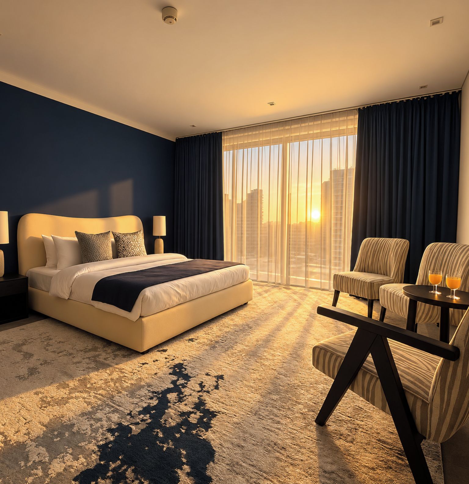 A hotel room with a large bed, a seating area with a table, and a view of the cityscape through sheer curtains.
