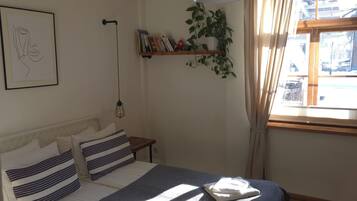 A bedroom with a bed, a hanging plant, a bookshelf, and a window with curtains.