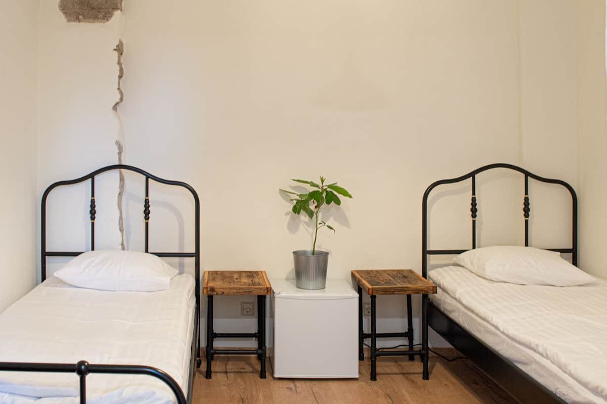 A small, simple room with two single beds, a small white refrigerator, and a potted plant between the beds.