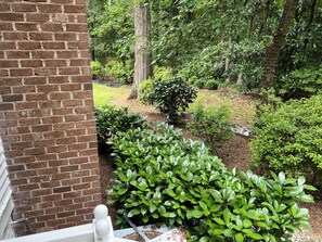 A brick wall with a garden view. - Villa Home (Goldsboro)