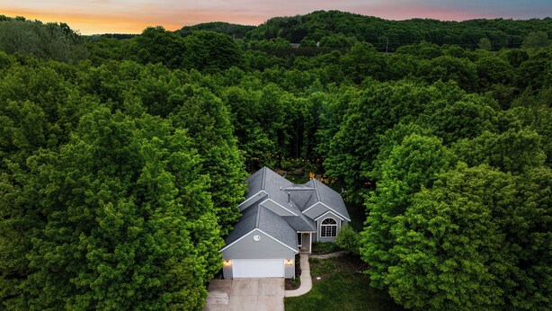 A house surrounded by dense green trees, with a driveway leading to the entrance. - 4bdr 2 bath house. Unwind in the hot tub, chat around the fire pit and disc golf (Traverse City)