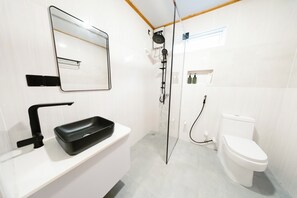 Shower, hair dryer, towels, soap