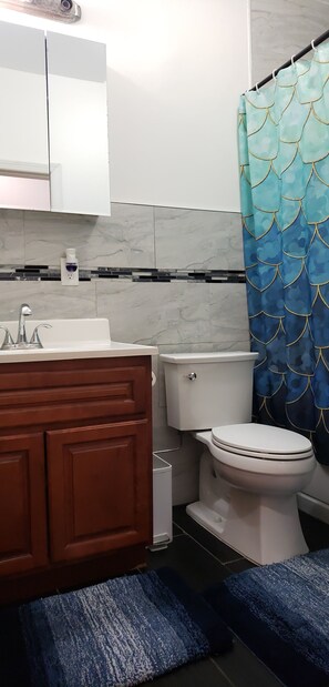 Jetted bath, hair dryer, towels, soap