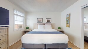 A bedroom with a bed, a TV, a window with blinds, two framed pictures on the wall, and a small plant on the nightstand.