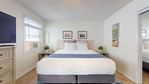 A bedroom with a bed, a TV, a window with blinds, two framed pictures on the wall, and a small plant on the nightstand.